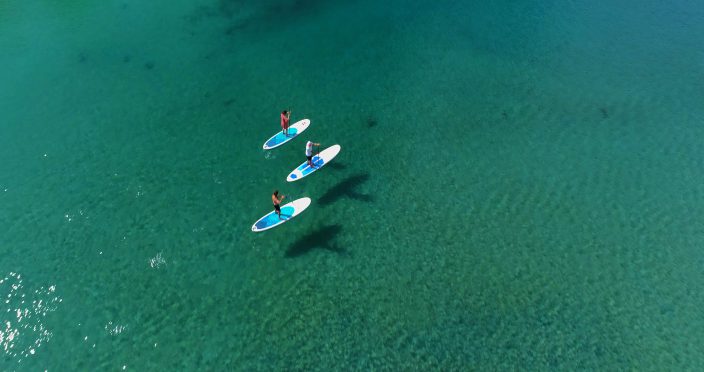 three people stand up paddleboarding