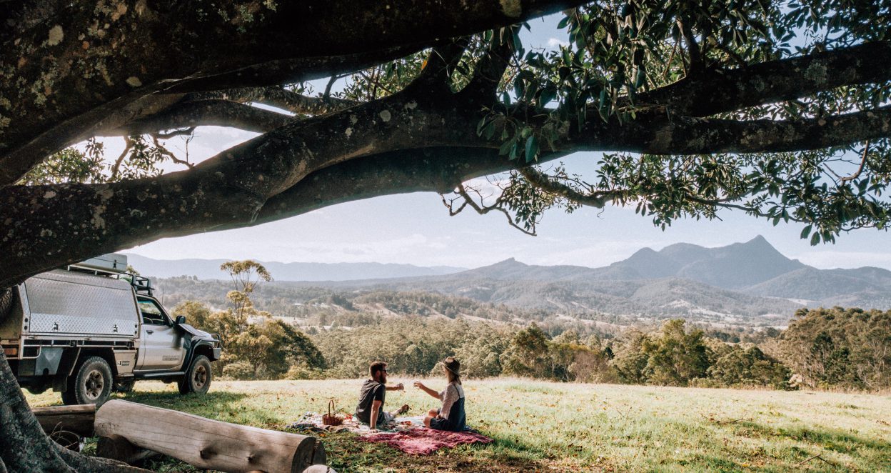 couple under tree with mountain in background