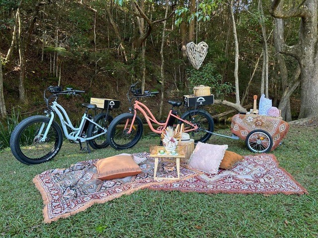 Bikes next to a picnic setting.